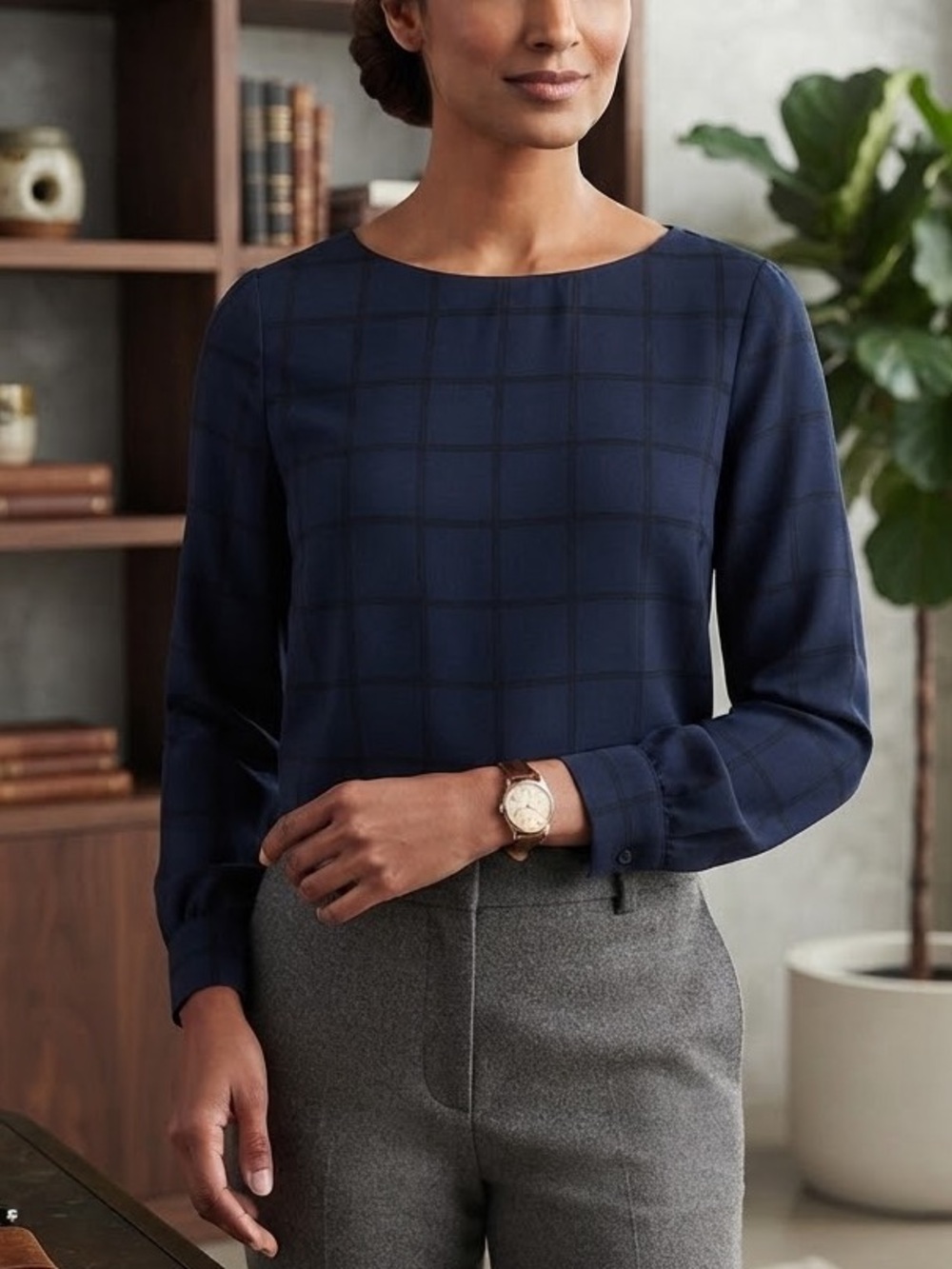 Eileen Fisher Silk Plaid Crepe Bateau Top PS Petite S Midnight Blue Blouse